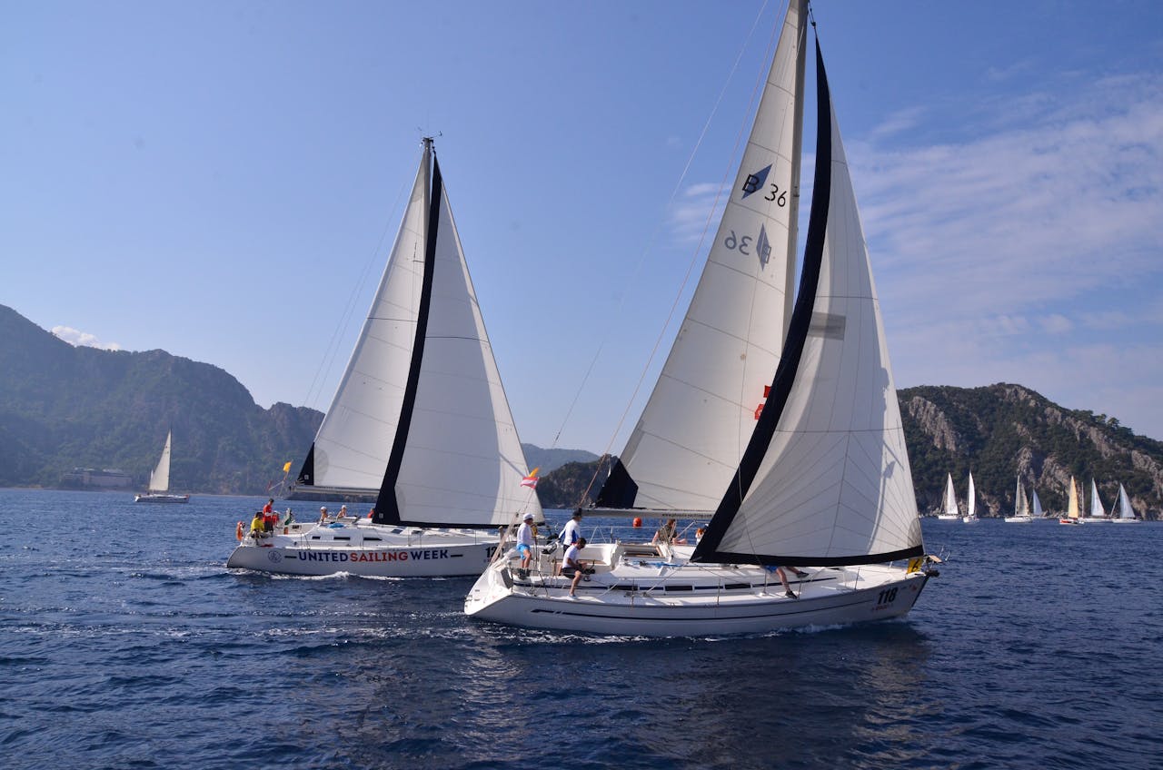 Sailing boats race elegantly on open water with mountains in the background, during United Sailing Week.